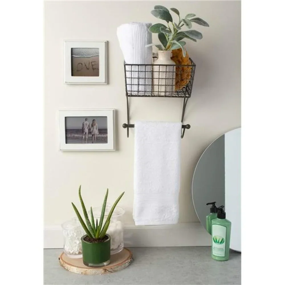 Rustic Farmhouse Bathroom Décor, Metal Storage, Small Towel Bar, Gray